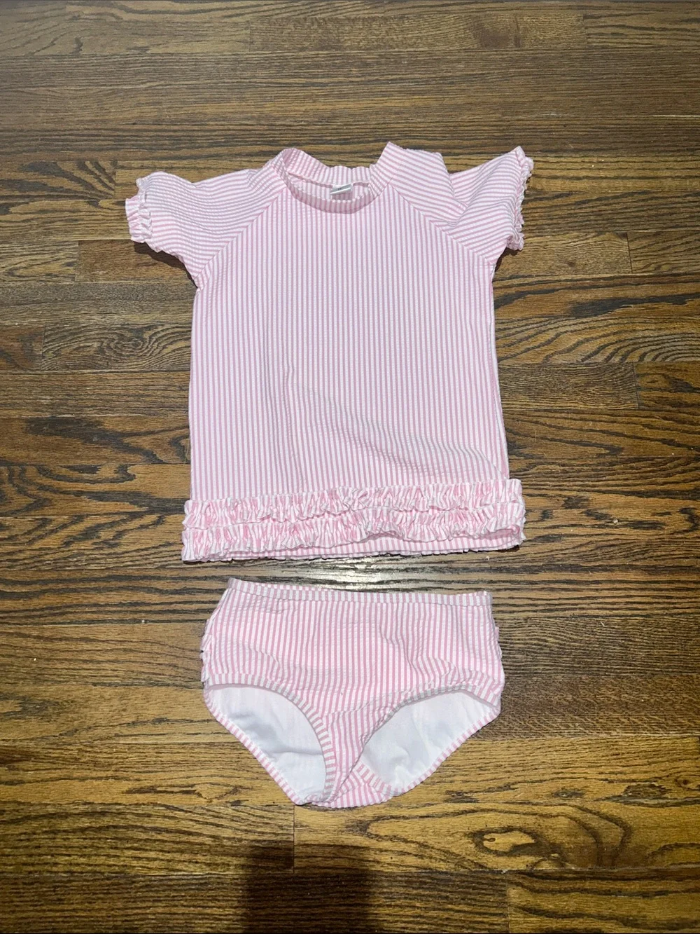 Ruffle Butts Pink Seersucker 3-Piece Swim Set with Sun Hat